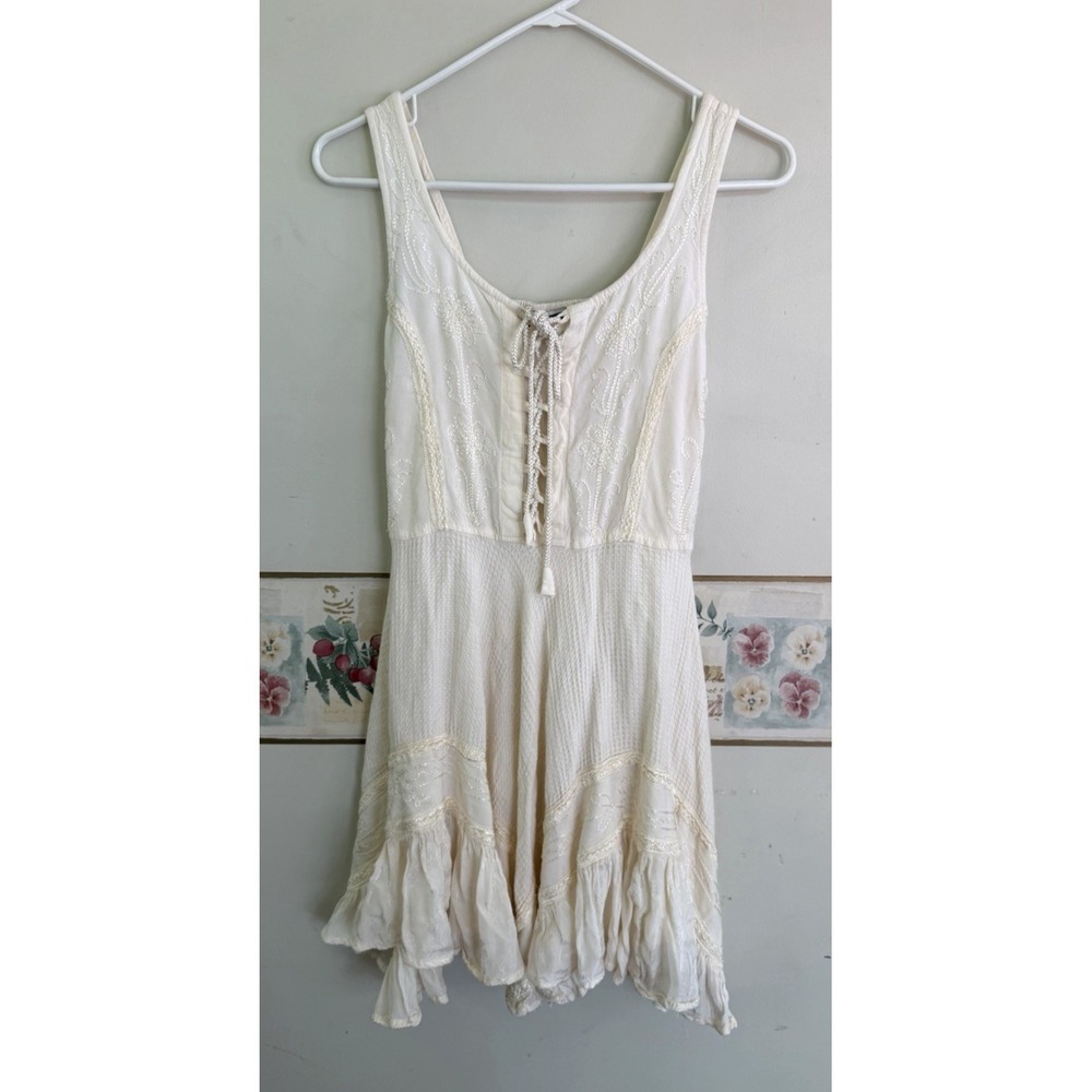Step In Style Dress Womens M Ivory Boho Lace Up Embroidered Cottagecore